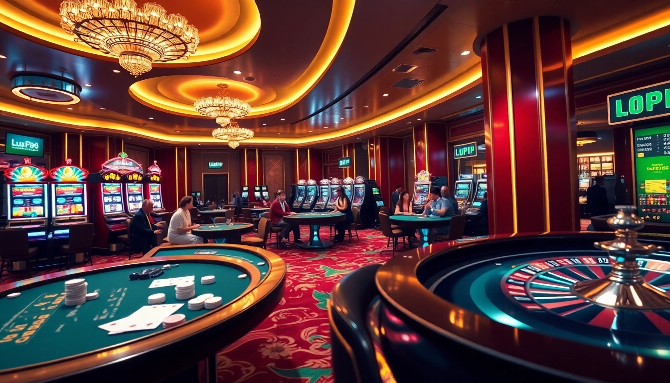 Engaging casino scene showcasing https://lu88vip.net/ with vibrant slot machines and lively gaming tables.
