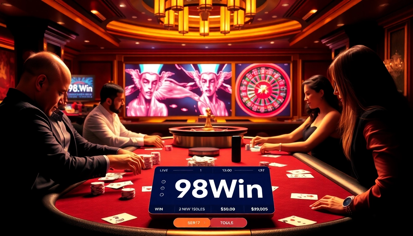 Experience the excitement of poker at 98Win's luxurious casino, complete with vibrant tables and digital betting.
