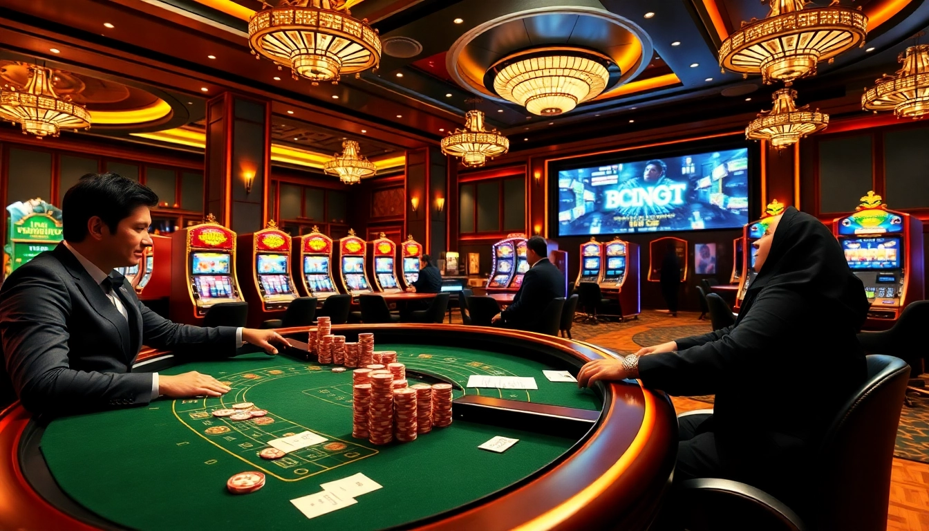 Exciting scene at dom88.us.com illustrating vibrant casino atmosphere with slot machines and poker tables.