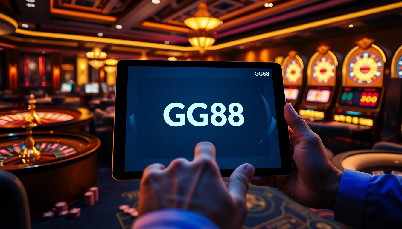 Experience the excitement of GG88 with a high-tech gaming table and vibrant casino elements.