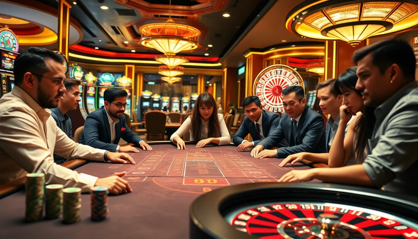 Players engaged in a thrilling Game Kp88 at a luxury casino poker table with stacked chips.