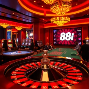 Experience the thrill of 88i gambling with players at a luxurious casino table and vibrant slot machines.