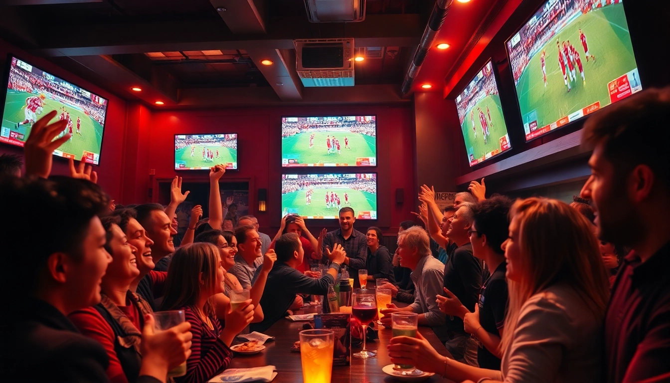 Excited fans enjoying live football matches on vaoluoi tv in a vibrant sports bar atmosphere.