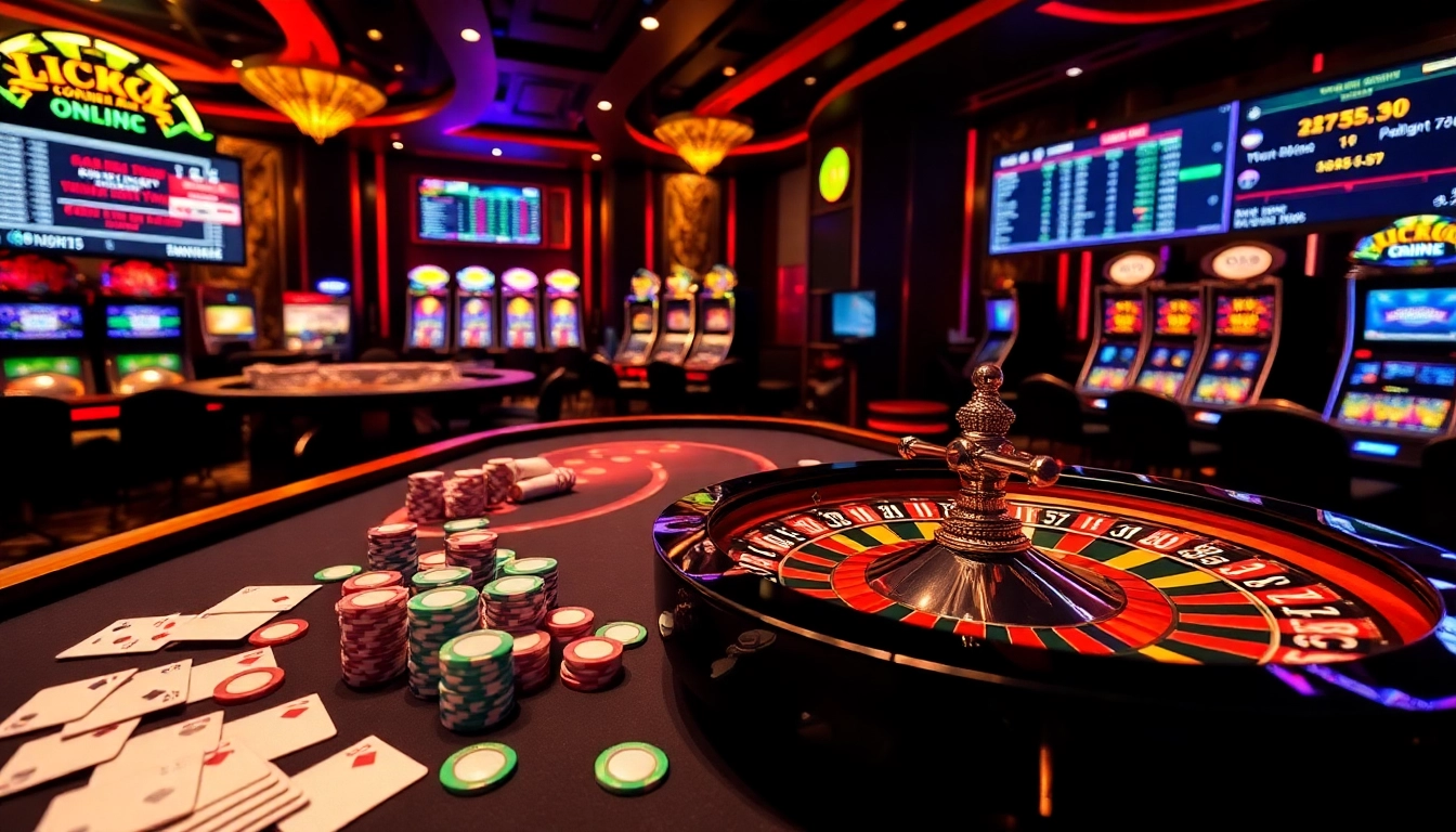 Exciting gambling scene with casino tables and gaming elements related to https://luck8f.jpn.com/ showcasing vibrant poker chips and roulette.