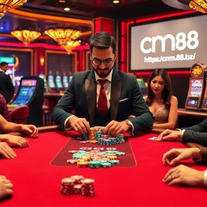 High-stakes poker action at a casino featuring https:/cm88.bz/ with colorful chips and a roulette wheel.