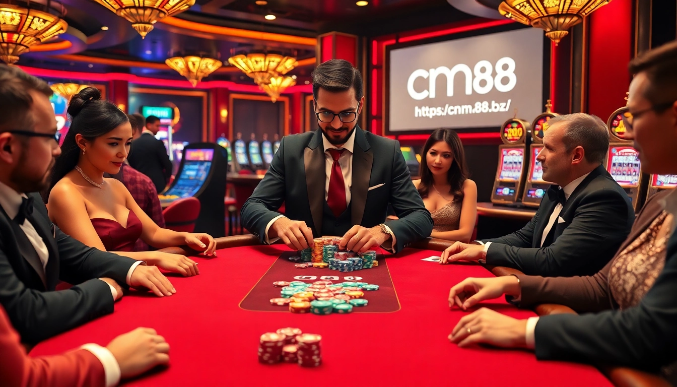 High-stakes poker action at a casino featuring https:/cm88.bz/ with colorful chips and a roulette wheel.