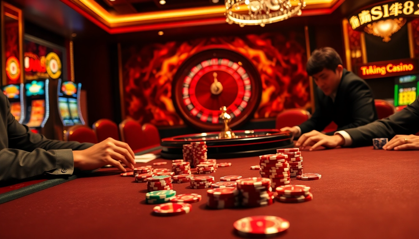 Experience high-stakes excitement at trang chủ xin88 with poker players and vibrant casino elements.