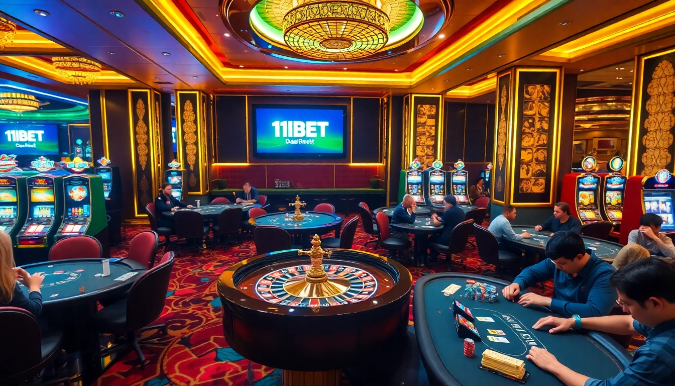 Experience thrill at 11BET casino tables filled with poker chips and vibrant slot machines.