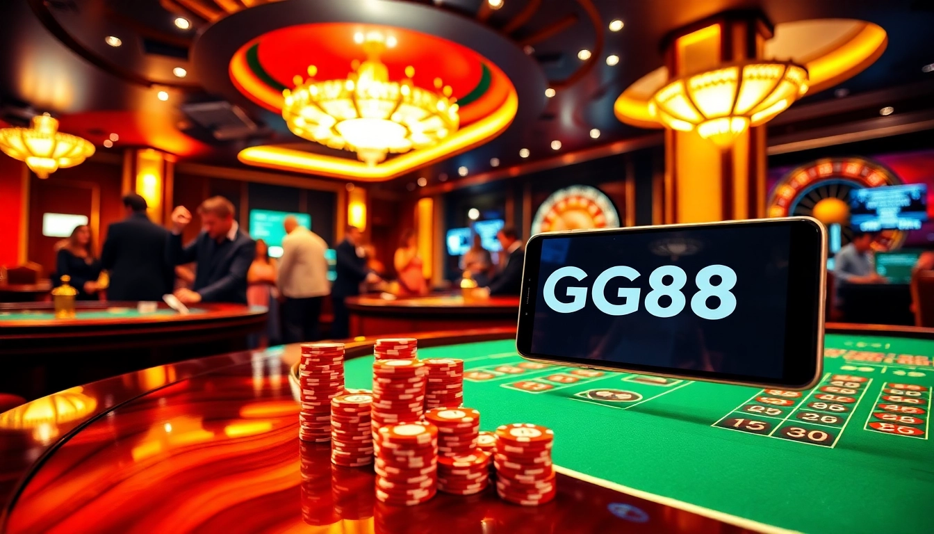 Play exciting games at GG88, featuring a lavish casino scene and engaging gaming activities.