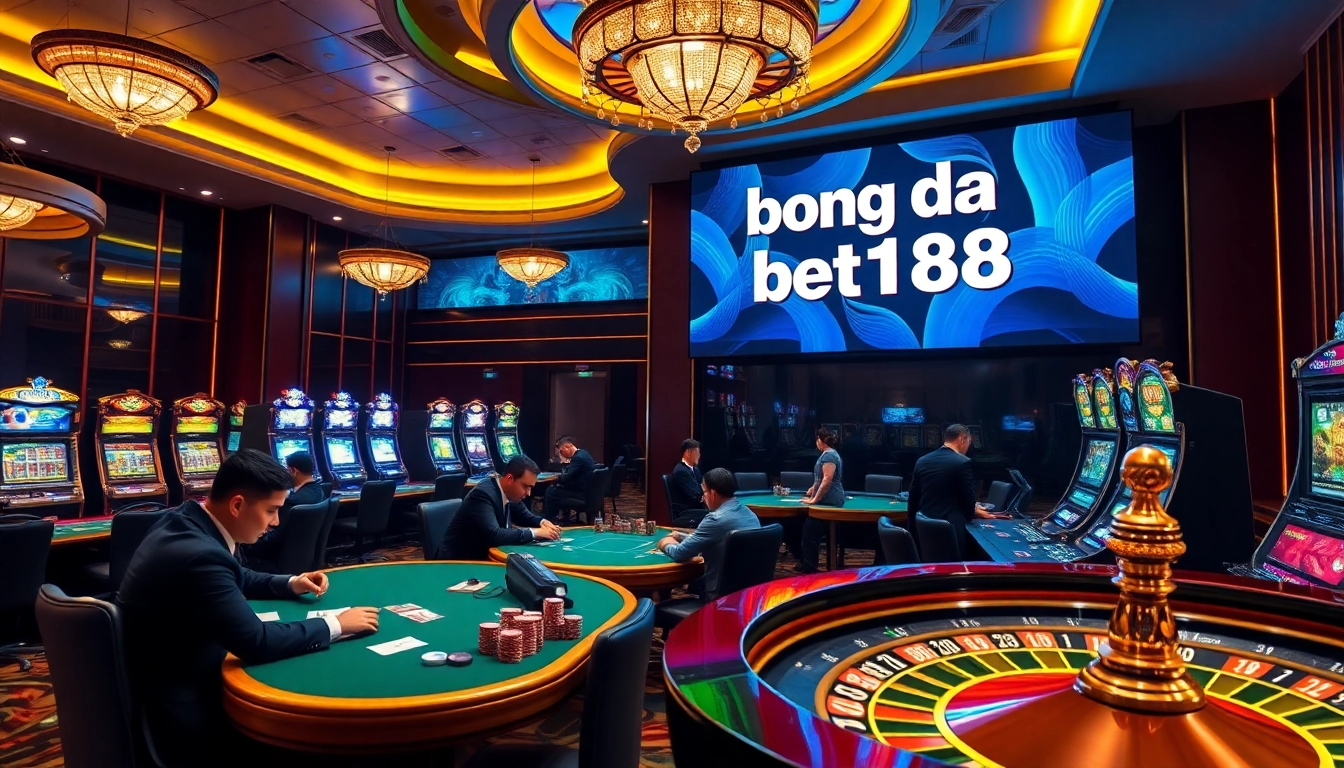 Bong da bet168 betting interface with players enjoying casino table games and vibrant slot machines.