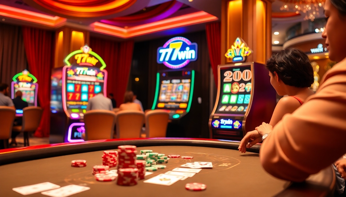 Experience the thrill of 777win at a bustling casino, featuring poker chips, cards, and a vibrant slot machine.