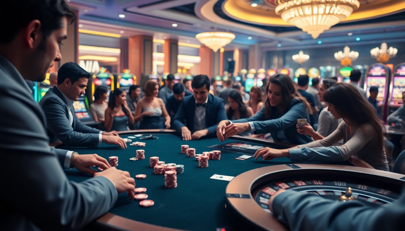 Players engaging in high-stakes action at RR88's vibrant casino table with colorful chips and cards.