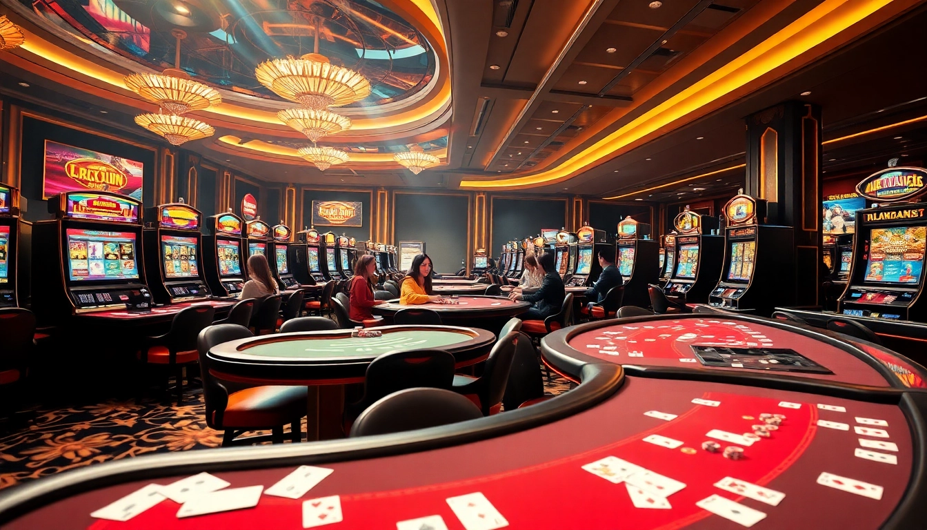 Exciting game action at Nhà cái 33win's luxurious casino, featuring vibrant slot machines and high-stakes poker tables.