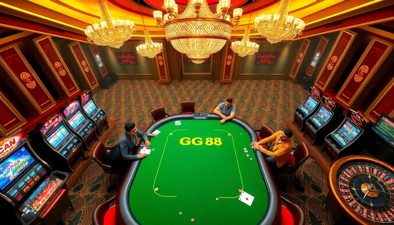 Players enjoying thrilling games at the GG 88 casino, surrounded by luxurious slot machines and betting excitement.