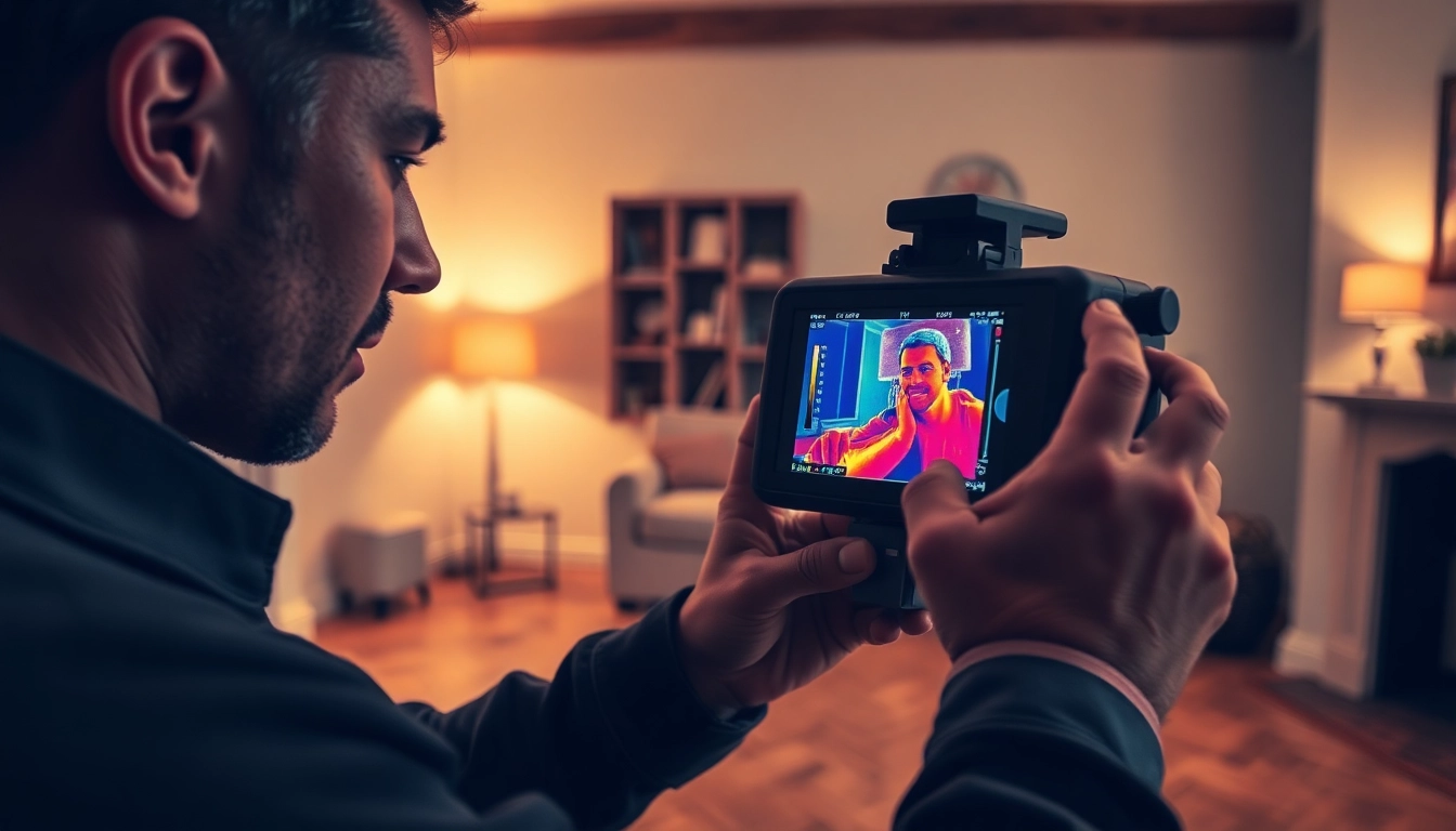 Central heating leak detection by a technician using thermal imaging equipment in a cozy home.