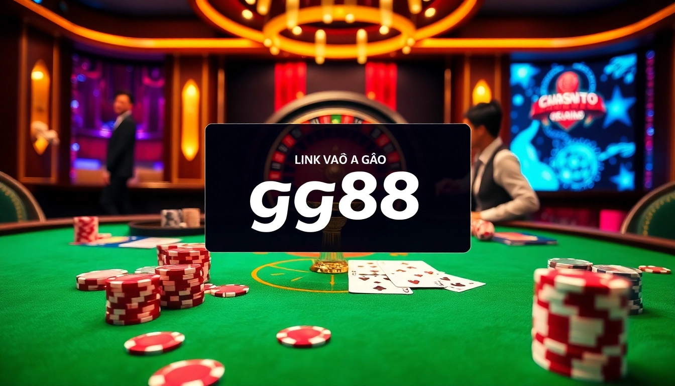link vào gg88 - an engaging scene of players at a vibrant casino table with poker chips and cards.
