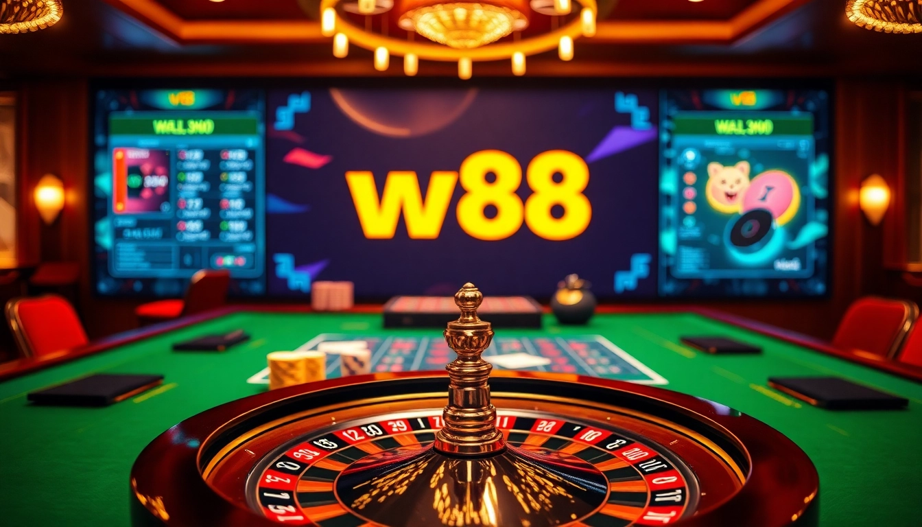 Discover the excitement of w88 link vào nhà cái with a vibrant casino scene featuring a roulette wheel and poker table.