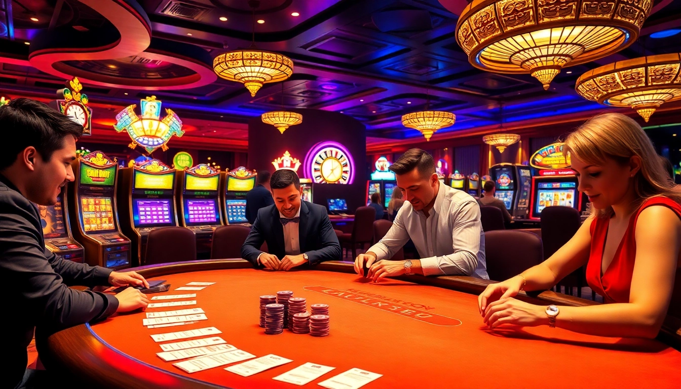 KJC RR88 players enjoying a high-stakes poker game at a vibrant casino table.