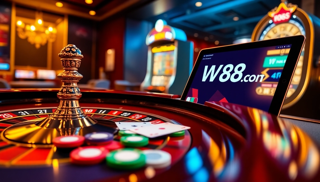 Experience winning strategies at ww88 com in a vibrant and luxurious online casino scene with roulette and slot machines.
