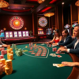 Exciting casino scene at RR88 with poker players, vibrant slot machines, and roulette wheel.
