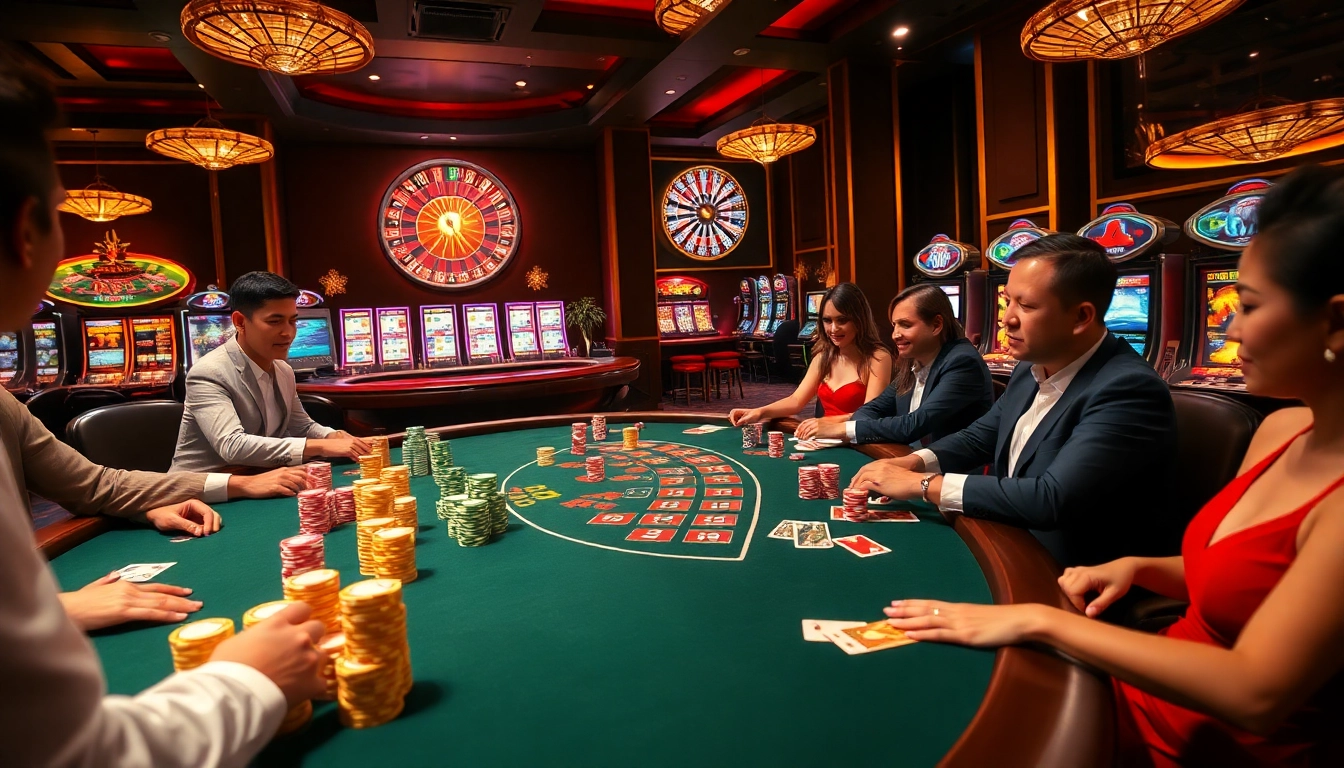 Exciting casino scene at RR88 with poker players, vibrant slot machines, and roulette wheel.