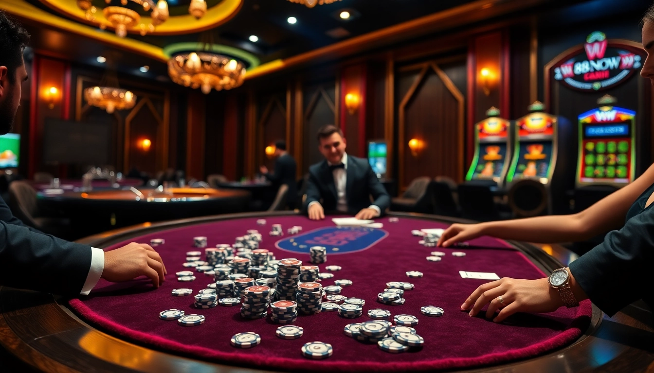 Experience high-stakes gaming action at 888NOW online casino with poker chips and cards.