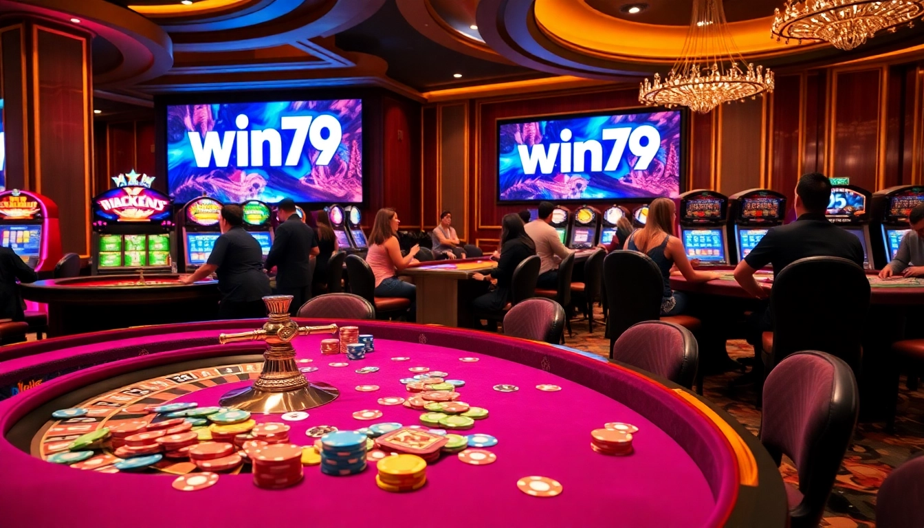 Exciting gambling scene featuring the code win79 with vibrant casino tables and players.