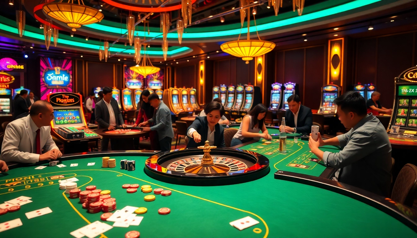 Players enjoying Game dn88 at a vibrant casino, highlighting excitement and luxury.