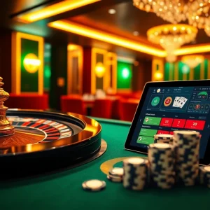 A dynamic online gambling scene featuring the interactive interface of https://luck88com.net/ with poker chips and roulette.