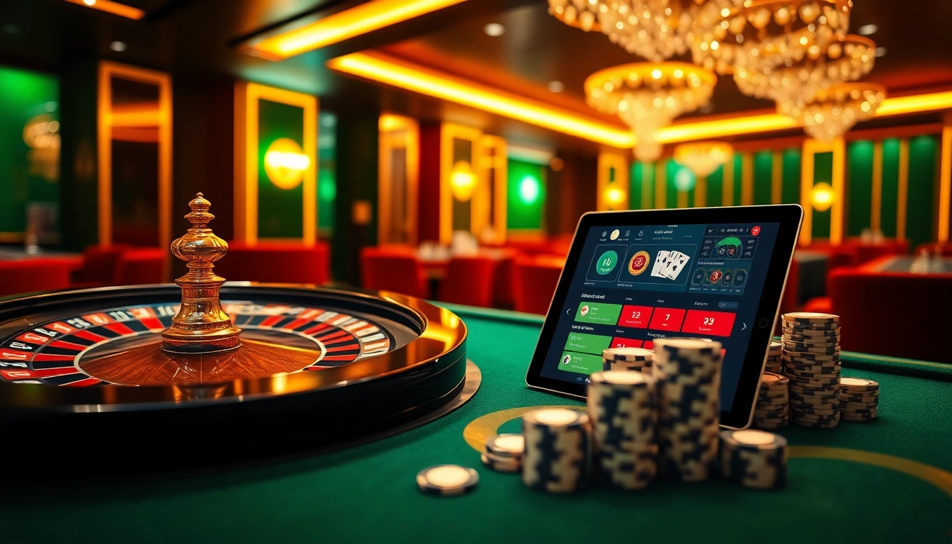 A dynamic online gambling scene featuring the interactive interface of https://luck88com.net/ with poker chips and roulette.