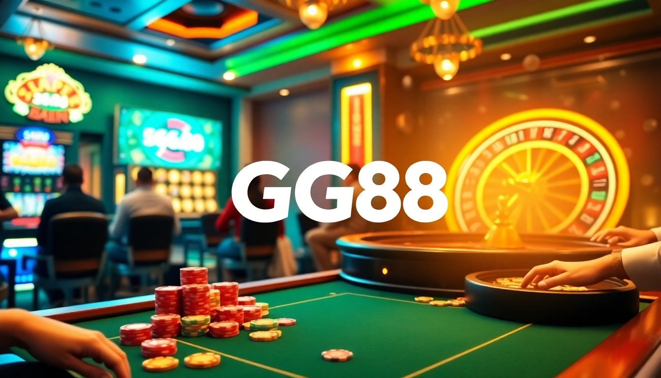 Action-packed scene showing GG88 themed casino atmosphere with poker players, chips, and a roulette wheel.