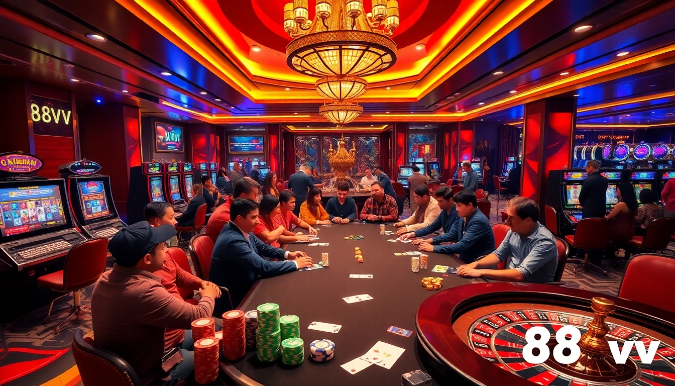 Experience the thrill of gambling at 88vv with vibrant casino tables and engaging players.