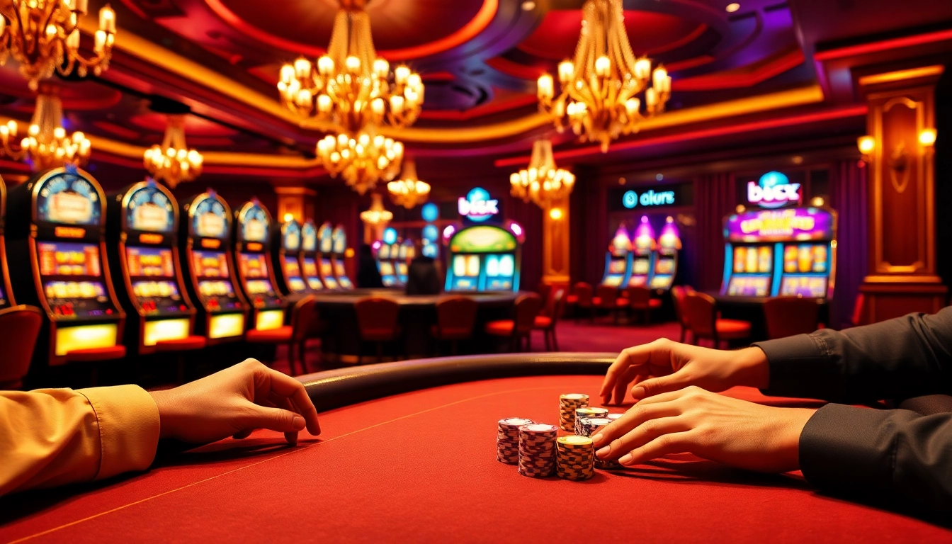 The b52 club poker table scene with chips and vibrant slot machines illuminating the casino atmosphere.