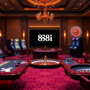 Exciting casino scene featuring 88i online gambling interface with poker chips and a roulette wheel.