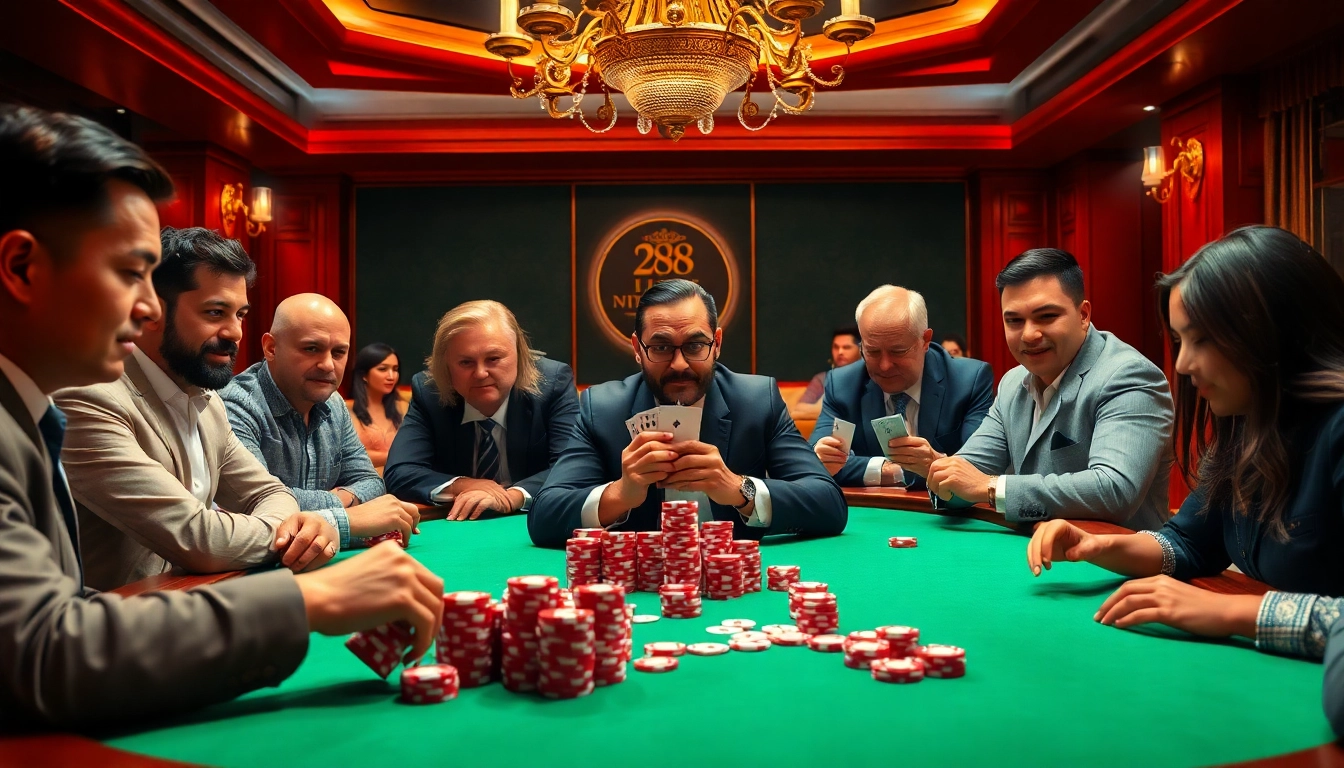 Players engaging in a thrilling poker game at HZ88, showcasing excitement and high stakes.