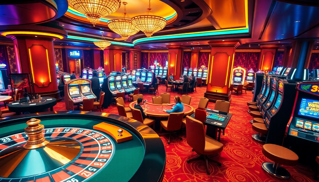 Experience the thrill of 32Win with a vibrant casino scene featuring roulette and poker tables.