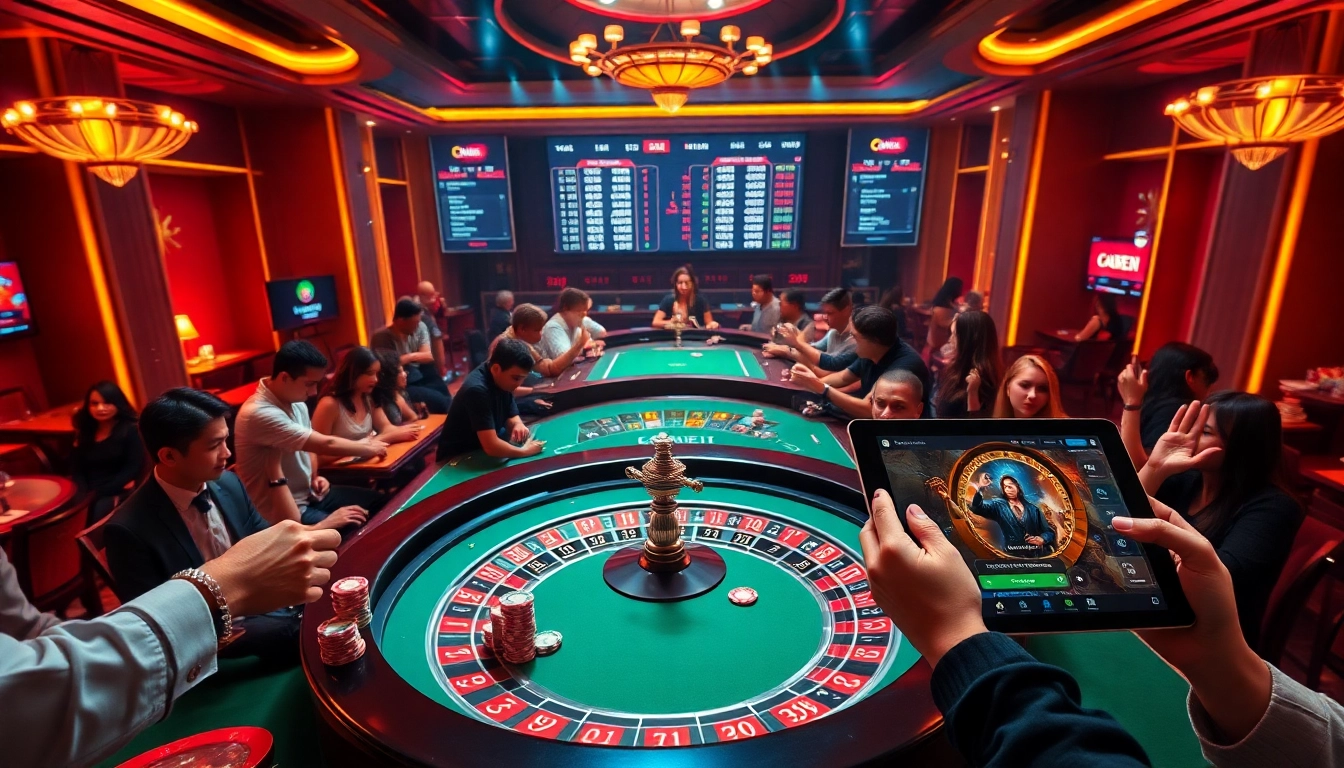 Gambling excitement at the luxurious casino scene of sunwinn.in.net with roulette, poker chips, and players.