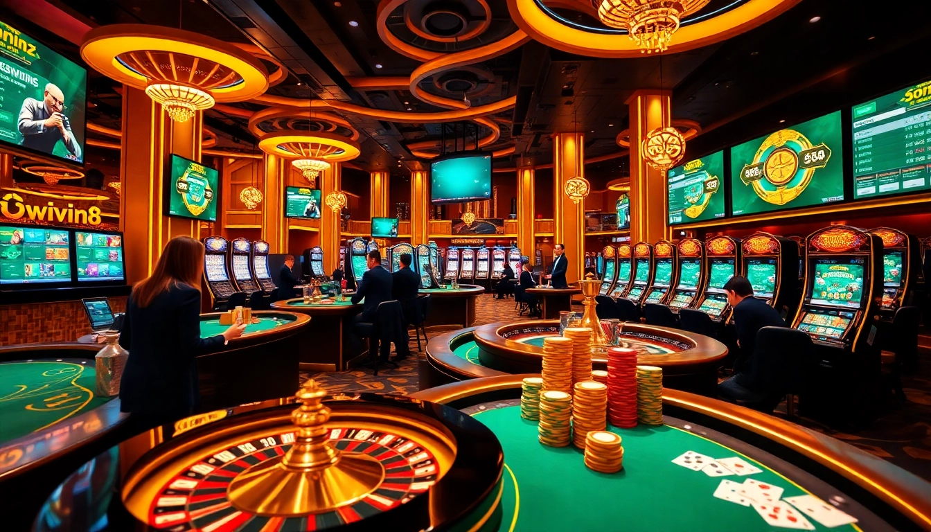 Engaging casino scene showcasing online gambling with iwin68, featuring poker chips and digital betting screens.