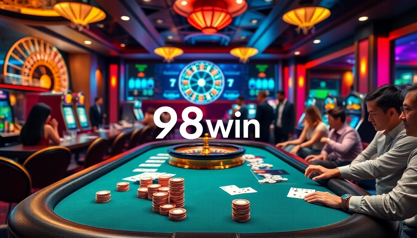 Players enjoying a thrilling gaming experience at 98win's luxurious casino with poker and slot machines.