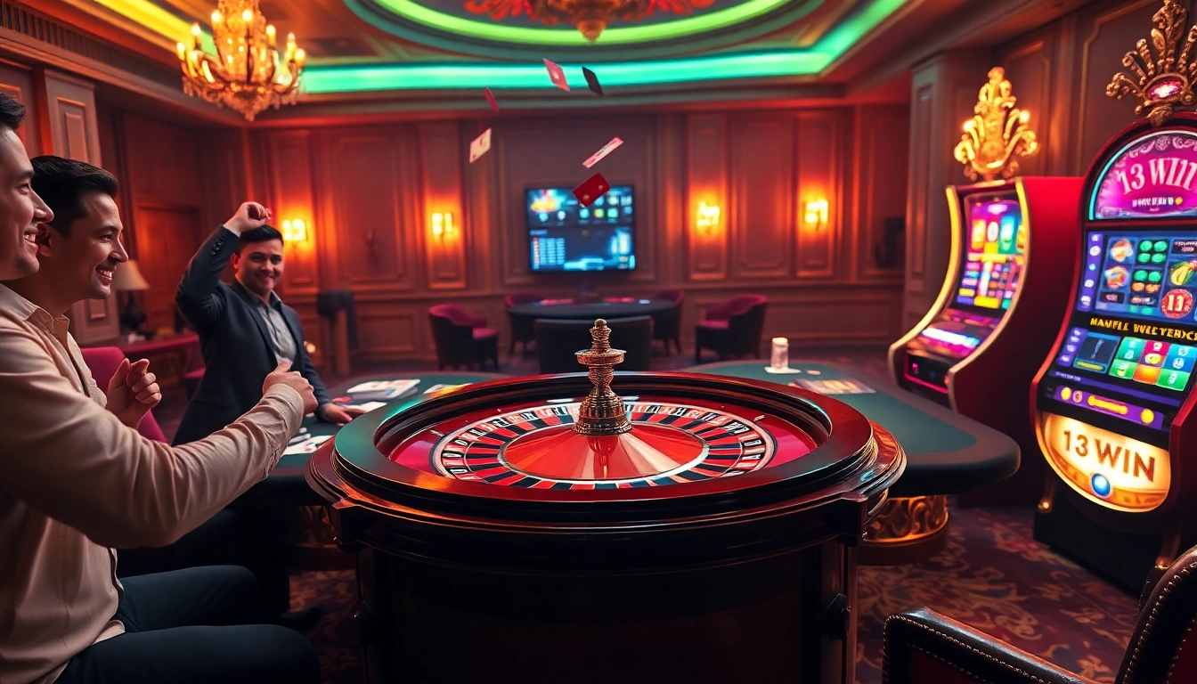 Experience the excitement of winning at 13 Win with a vibrant casino scene capturing roulette and poker celebrations.