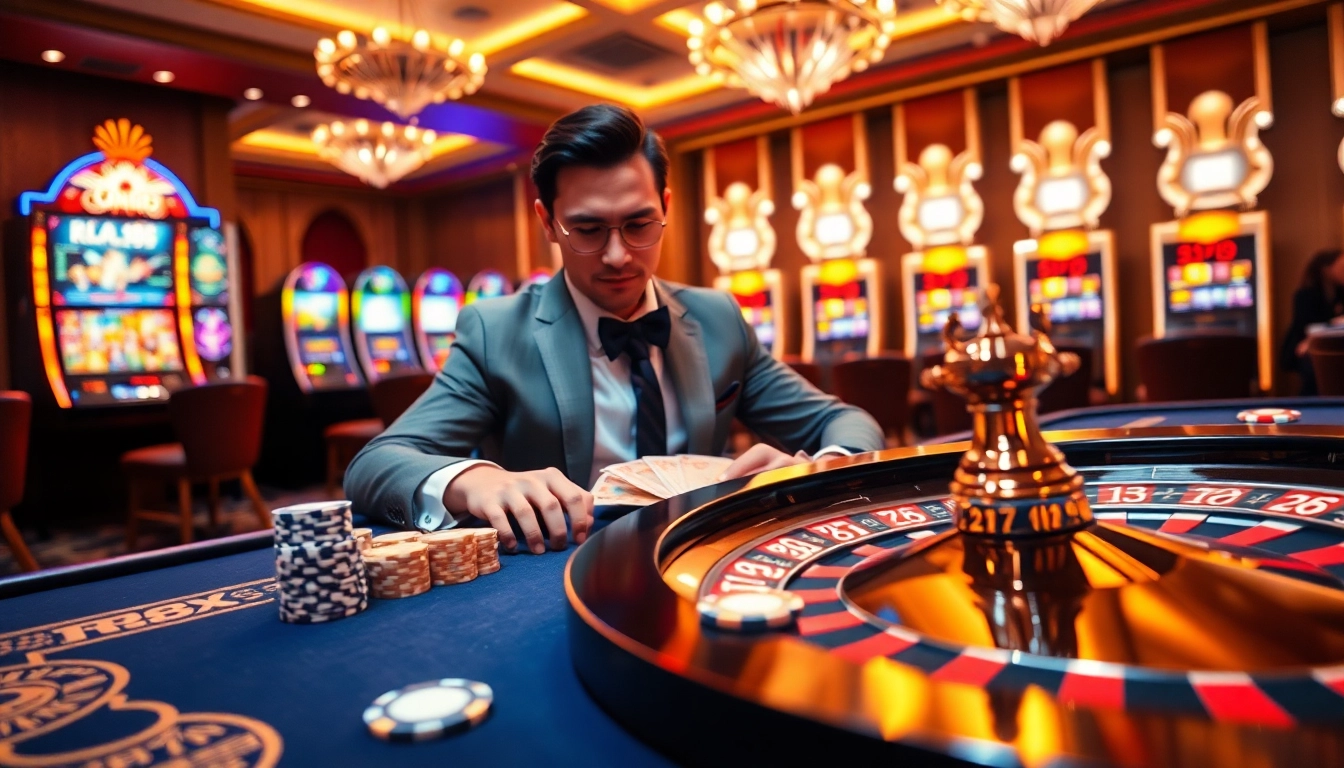 RR88 Casino scene highlighting an elegant gambling table and vibrant slot machines.