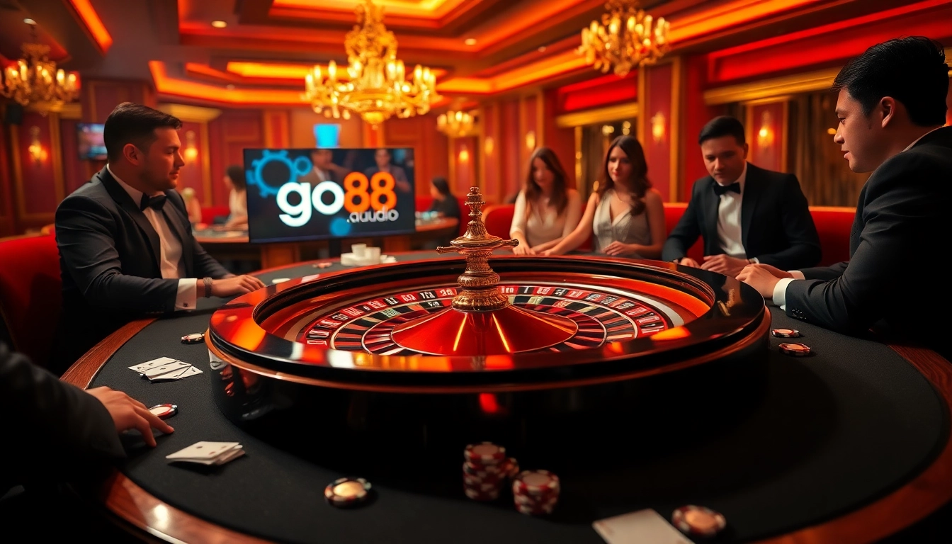 Experience the thrill of gambling at go88.audio with vibrant casino scenes of roulette and poker.