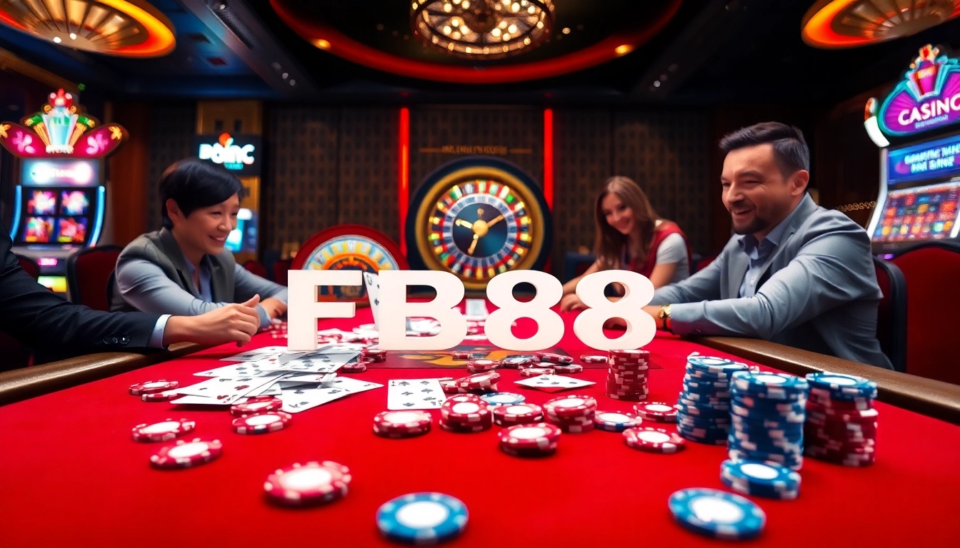 Experience thrilling games at FB88 casino with vibrant poker chips and an exciting gaming atmosphere.