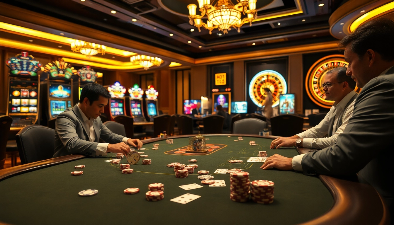 Players engaging at a poker table in a luxurious casino, featuring xo88t3-themed decor and vibrant gaming elements.