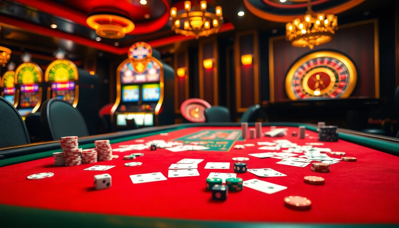 Experience the excitement of rikvip game bài đổi thưởng with vibrant casino visuals featuring chips and cards.