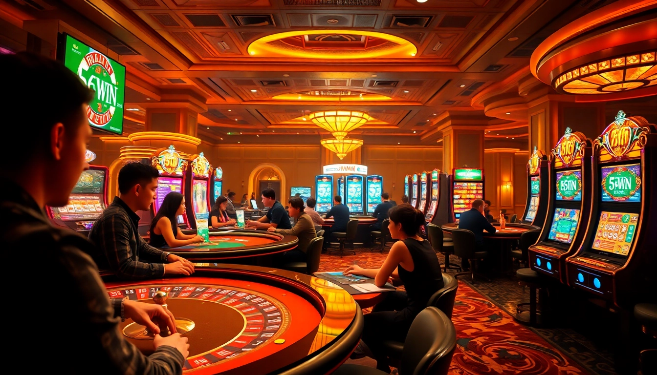 Experience the thrilling atmosphere of 56WIN casino with vibrant gaming tables and players enjoying high-stakes entertainment.