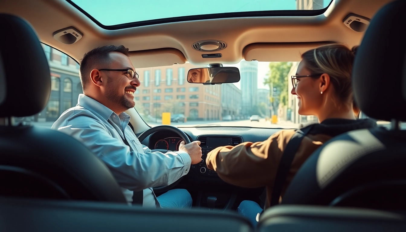 Driving school Leeds session with professional instructor guiding a student in a modern car.