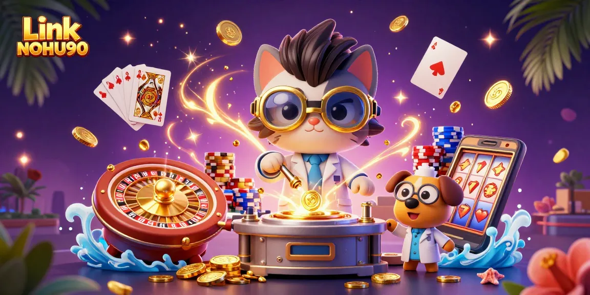 Play games and win with Link NOHU90, showcasing a dynamic 3D gaming lab illustration filled with coins and cards.