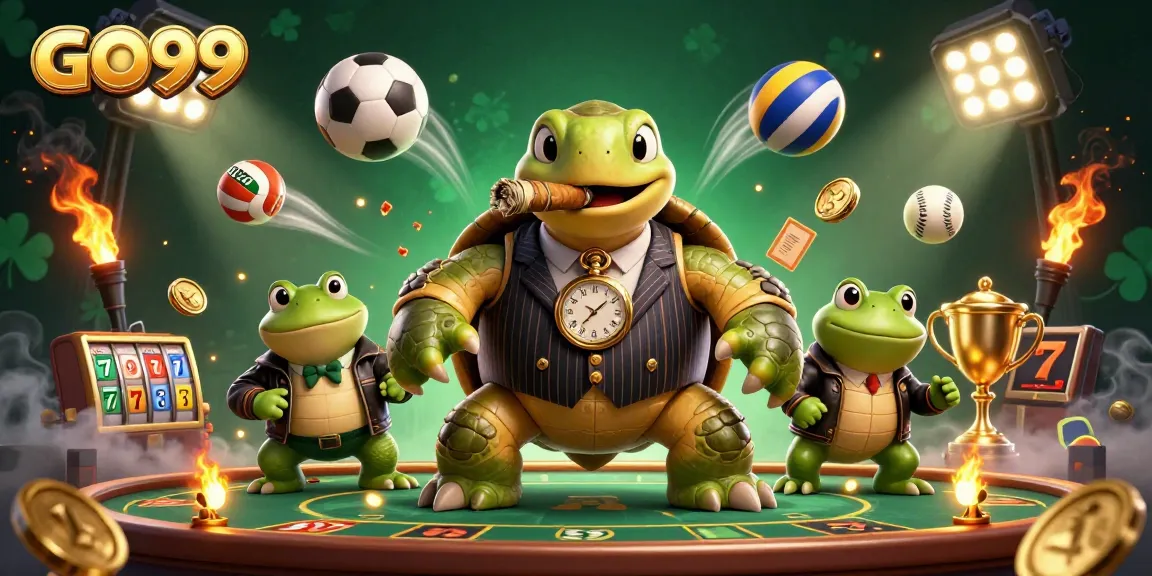 Engage with GO99's thrilling casino experience featuring a mobster turtle, bullfrog enforcers, and dynamic sports elements.