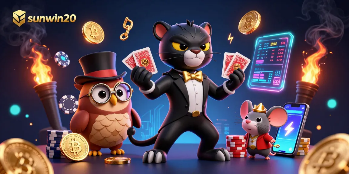 Engage with sunwin20’s vibrant casino scene featuring a tuxedo-clad panther dealing cards.